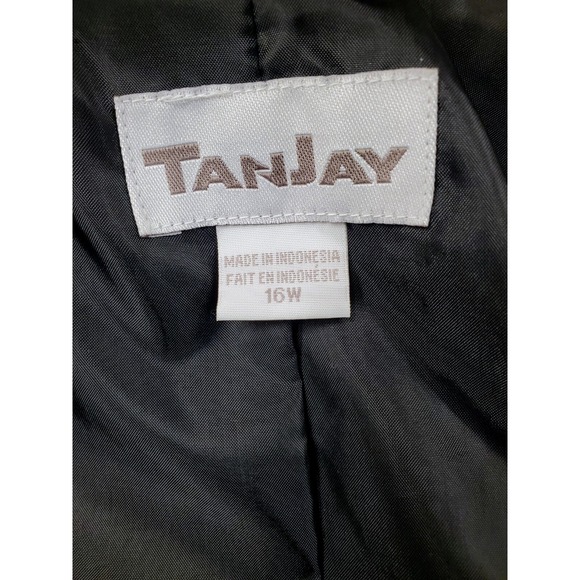 Sz 16W Blk Woven Zip Up Jacket White Top Stitch TAN JAY Flap Pocket Big Collar - Picture 7 of 9